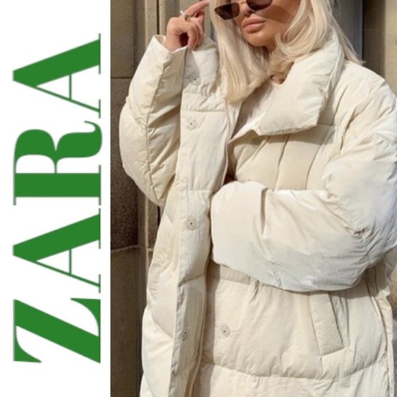 ZARA Mid Length Oversized Cocoon Puffer Coat Cream Water Resistant, Size Large - Picture 3 of 16